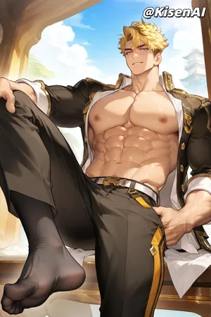 [KisenAI] Honor of Kings-Arthur new skin-muscle-suit- 王者荣耀-亚瑟布丁狗之誓皮肤-正装黑袜白袜腹肌肌肉版SFW [AI Generated]